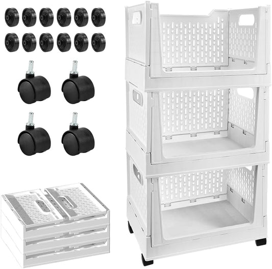 Stackable Storage Baskets by [Brand Name] - 3 Pack Foldable Organizers with Wheels | Versatile Closet & Office Storage