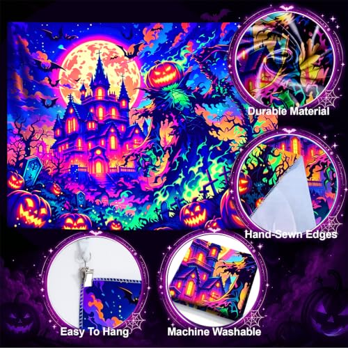 Halloween Blacklight Tapestry Glow-in-The-Dark Wall Hanging Decor - Spooky Pumpkin Scarecrow 90"x70"