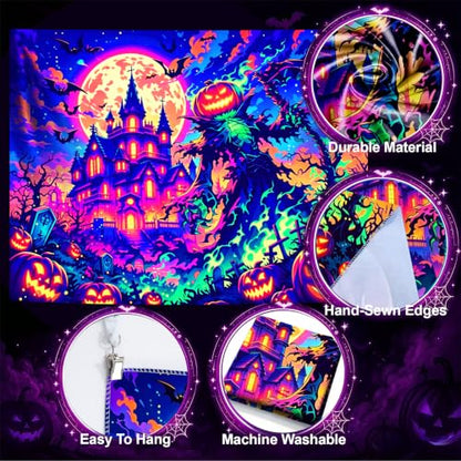 Halloween Blacklight Tapestry Glow-in-The-Dark Wall Hanging Decor - Spooky Pumpkin Scarecrow 90"x70"