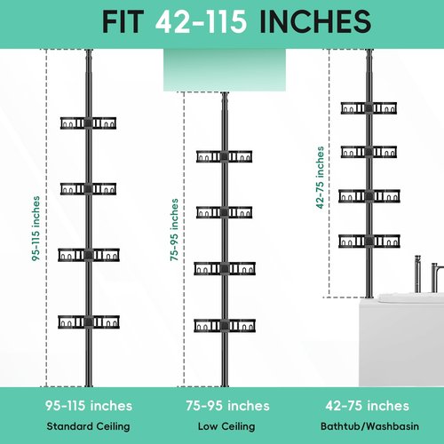 HEVEL Corner Shower Caddy Tension Pole, Adjustable Shower Organizer Corner 62-115 Inch, Rustproof Bathroom Storage Shower Shelves, Black