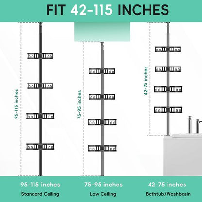 HEVEL Corner Shower Caddy Tension Pole, Adjustable Shower Organizer Corner 62-115 Inch, Rustproof Bathroom Storage Shower Shelves, Black