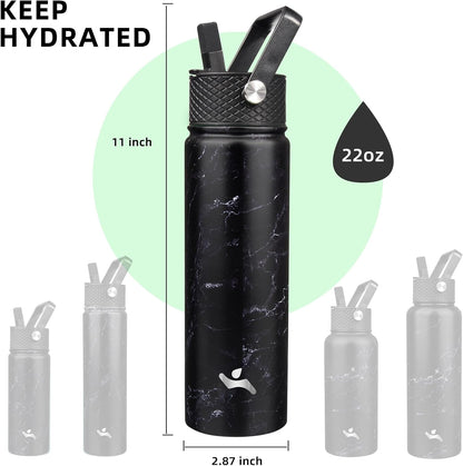 Skiennix 22oz Stainless Steel Water Bottle - Insulated with 3 Lids | Marble Midnight Finish