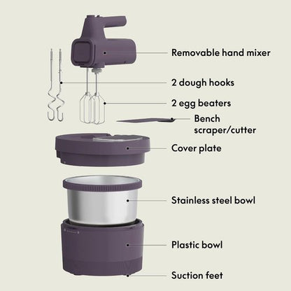 Bella 3.5 Qt Electric Hand & Stand Mixer - 2-in-1 with Bowl, Dough Hook & Whisk, 200 Watt, Plum