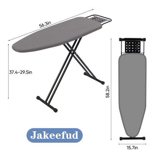 Jakeefud Full Size Ironing Board 47" X 15" with Heat Resistant Cover and Thicken Felt Pad, Safety Iron Rest, Anti-Skid Feet, Height Adjustable, Heavy Duty