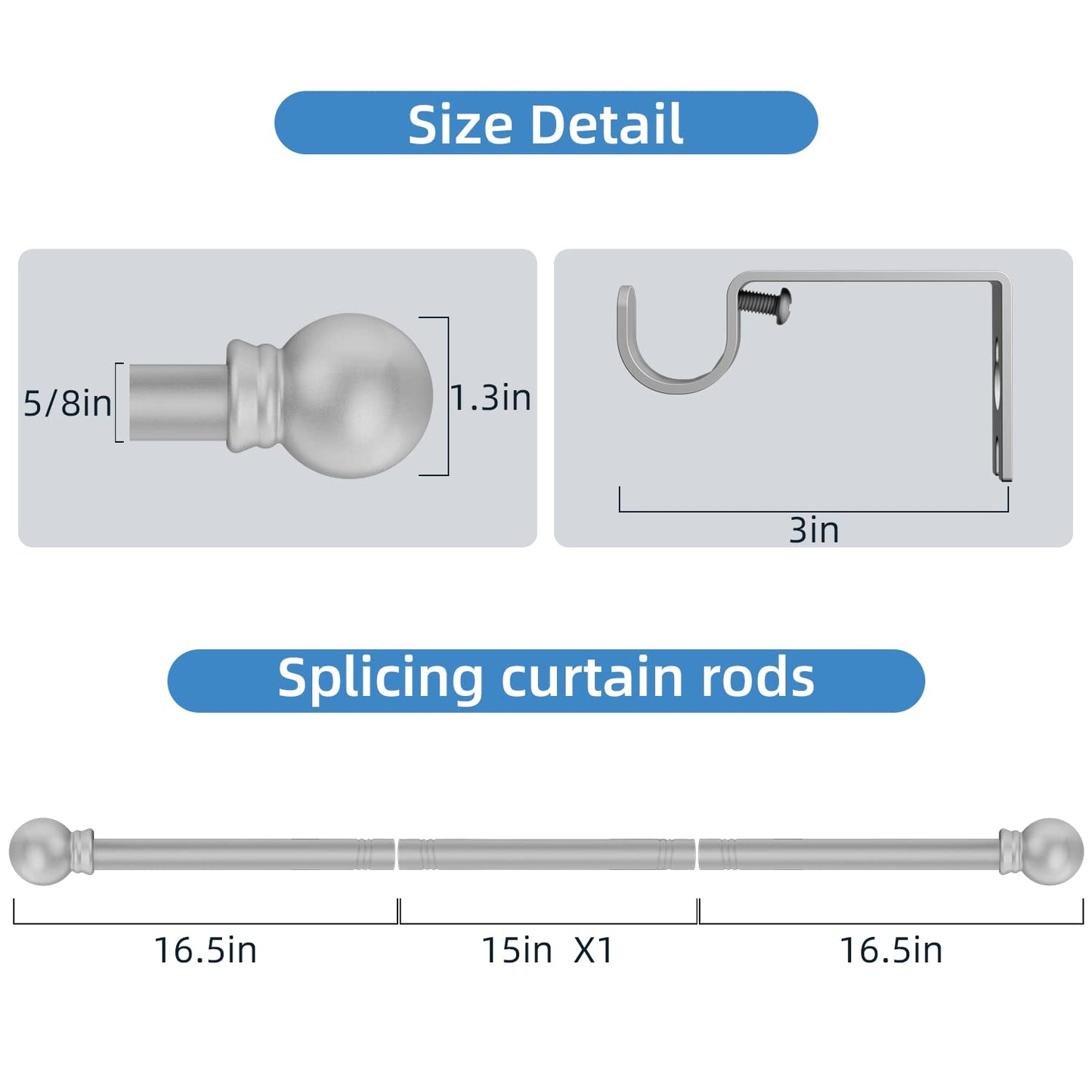 Silver Curtain Rods for Windows 28 to 48 Inch,5/8 Inch Diameter Drapery Rods with Brackets Heavy Duty Curtain Rods for Bedroom