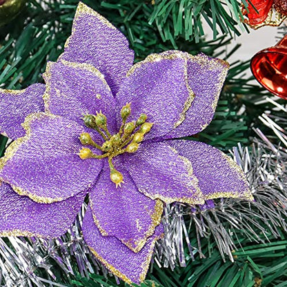 Christmas Glitter Poinsettia Ornaments Pack of 12 - Purple Holiday Tree Decorations