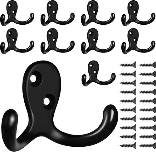CBWLWJ Heavy-Duty Double Prong Coat Hooks - 10 Pack Wall-Mounted Metal Hooks for Home Use (Black)