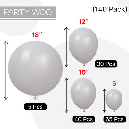 PartyWoo Gray Balloons - 140-Piece Matte Latex Balloon Arch Kit for Baby Showers & Celebrations | 5-12 Inch Sizes