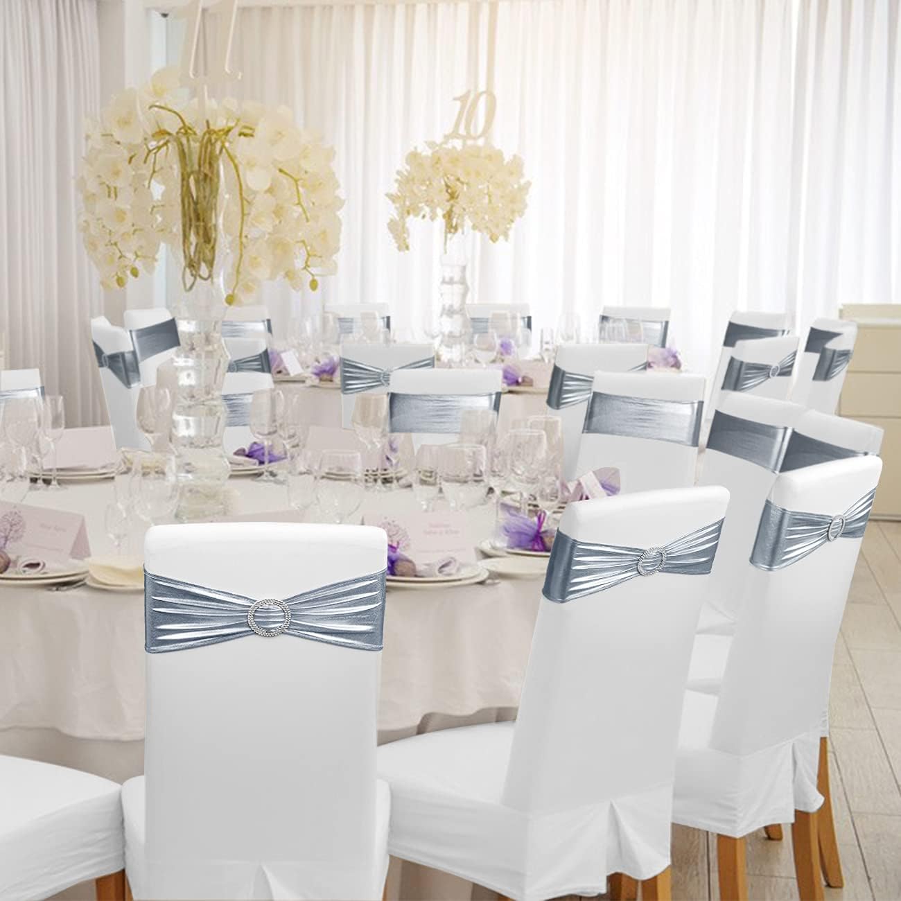Babenest Spandex Chair Sashes - 30PCS Premium Stretch Covers with Buckle Slider | Metallic Silver for Weddings & Events