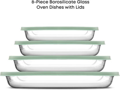 JoyJolt 8-Piece Borosilicate Glass Baking Dish Set - Deep Rectangle Dishes with Sage Green Lids | Oven & Freezer Safe