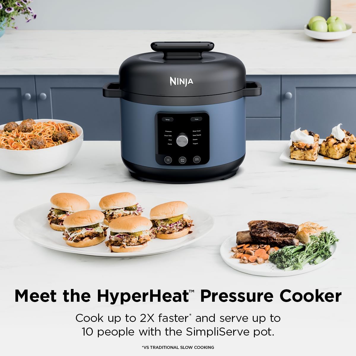 Ninja HyperHeat 9-in-1 Pressure Cooker - 6.5-Qt Multi-Function with SimpliServe Pot | 1200-Watt Power | Blue Macaron