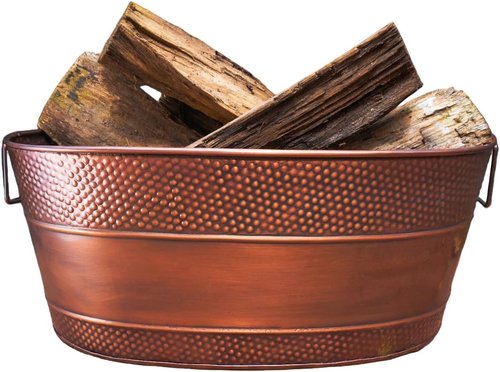 BREKX Copper Galvanized Tub for Indoor Firewood Storage Rack Log Holder - 25QT Heavy-Duty Portable Tub with Handles -Multi-Use for Planters, Blankets for Living Room, Etc