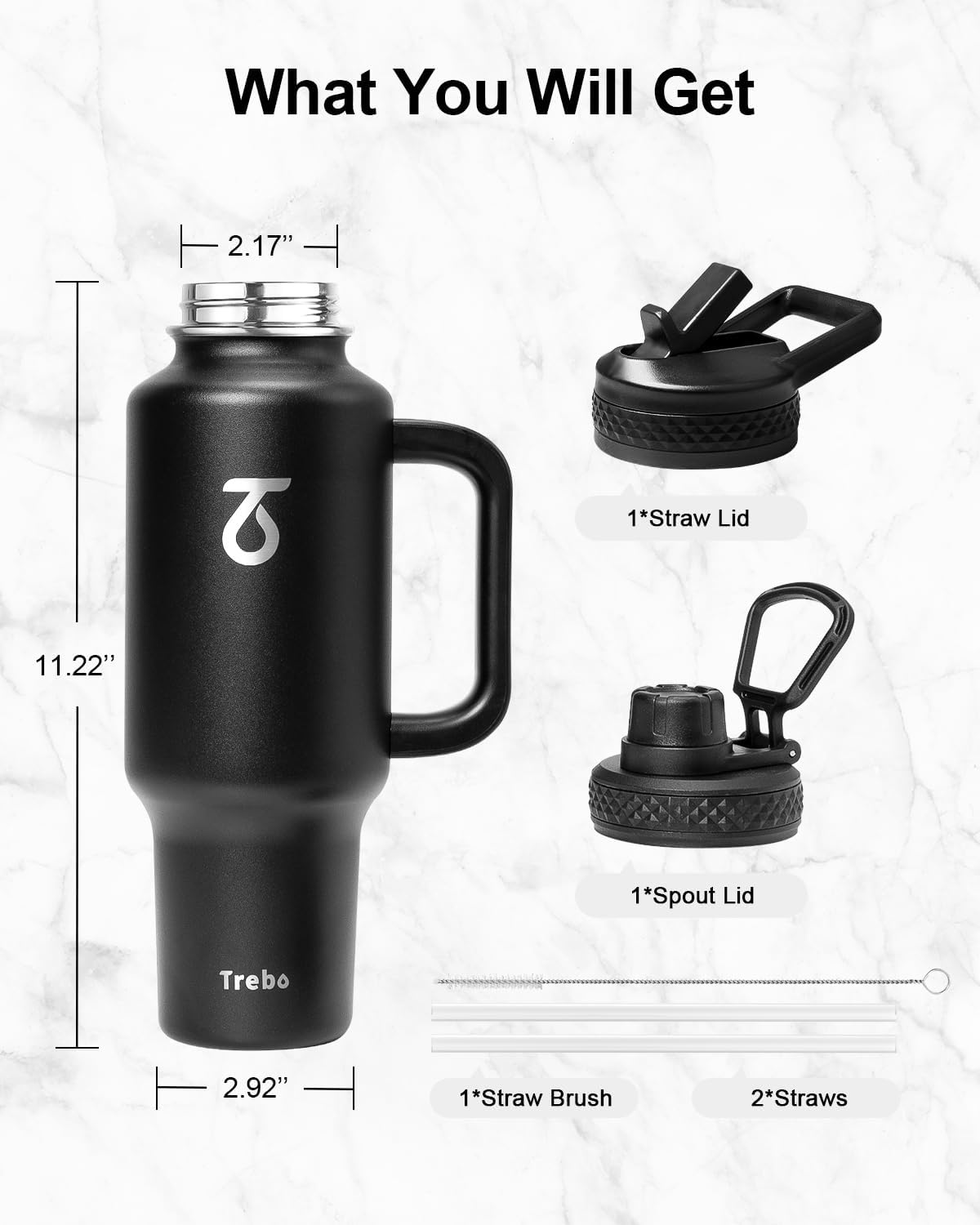 Trebo 40 oz Insulated Water Bottle - Stainless Steel Travel Flask with Handle & Spout Lid | Black