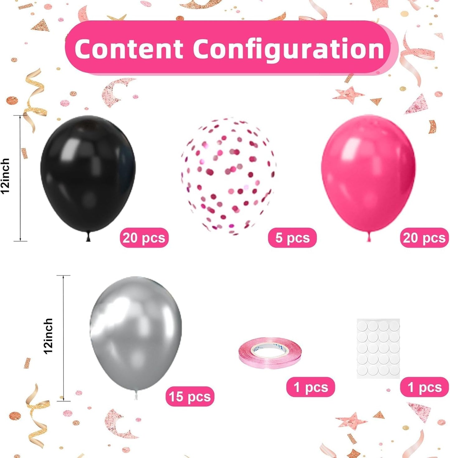 Skiennix 12-Inch Black & Hot Pink Balloons - 60pcs Metallic & Confetti for Birthday, Baby Shower & Gender Reveal