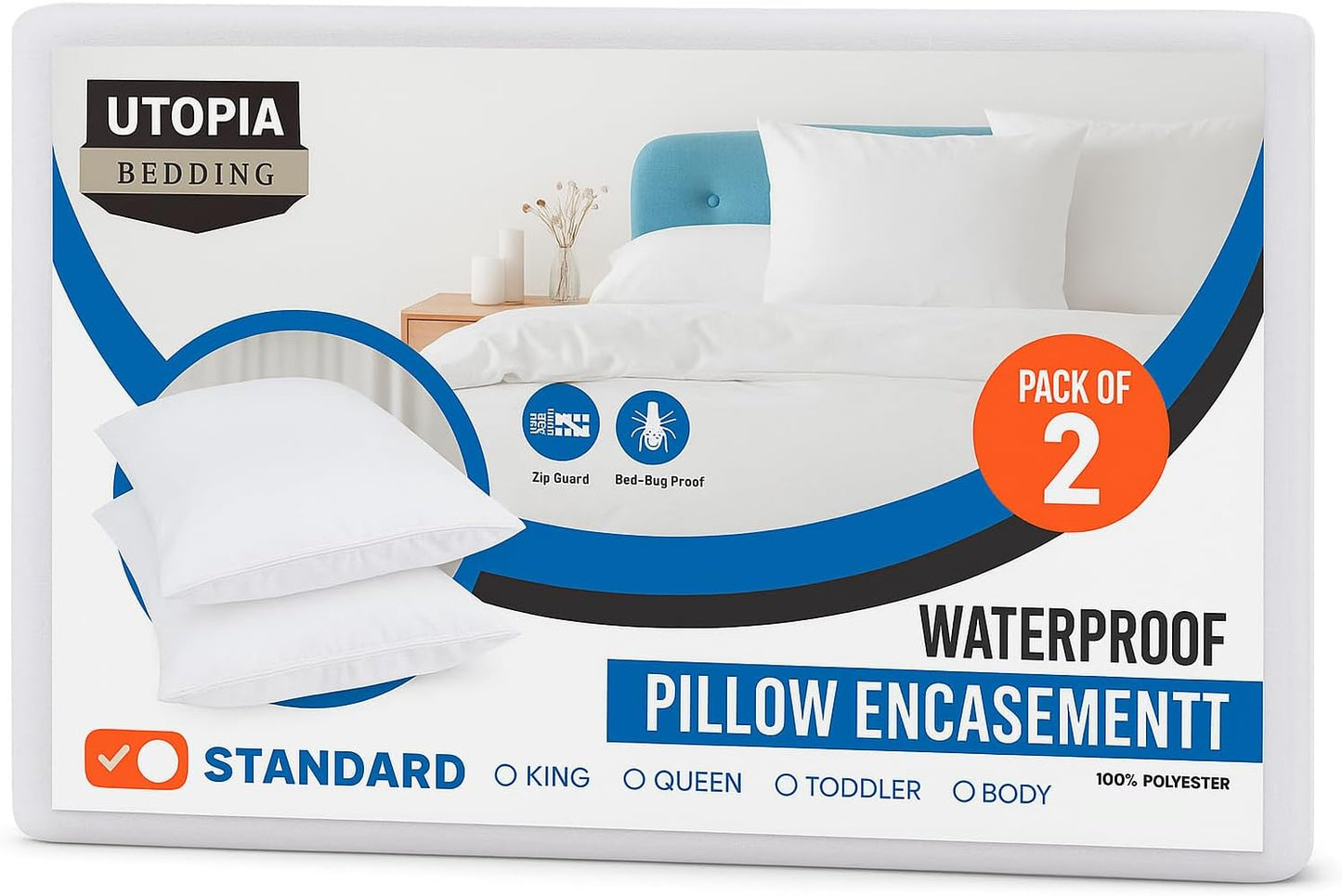 Utopia Bedding Pillow Protectors - Set of 2 Standard Size, Waterproof & Bed Bug Proof Encasements (White)