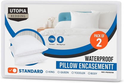 Utopia Bedding Pillow Protectors - Set of 2 Standard Size, Waterproof & Bed Bug Proof Encasements (White)