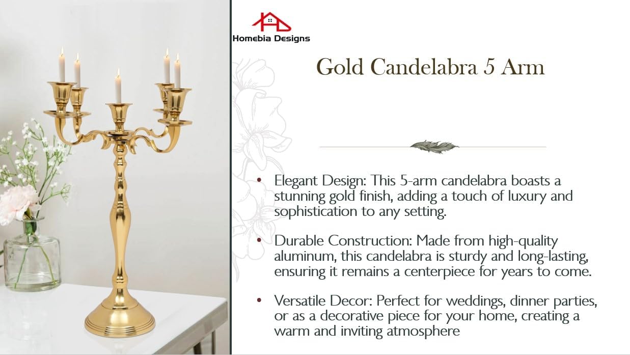 Metal Candelabra | Five Arm Decorative Candlestick Holder - 16 Inch Tall Gold Centerpiece for Weddings & Events