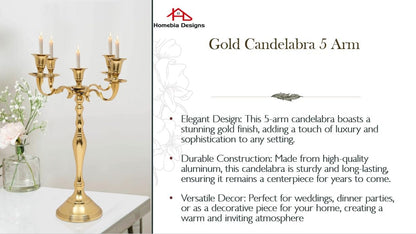 Metal Candelabra | Five Arm Decorative Candlestick Holder - 16 Inch Tall Gold Centerpiece for Weddings & Events