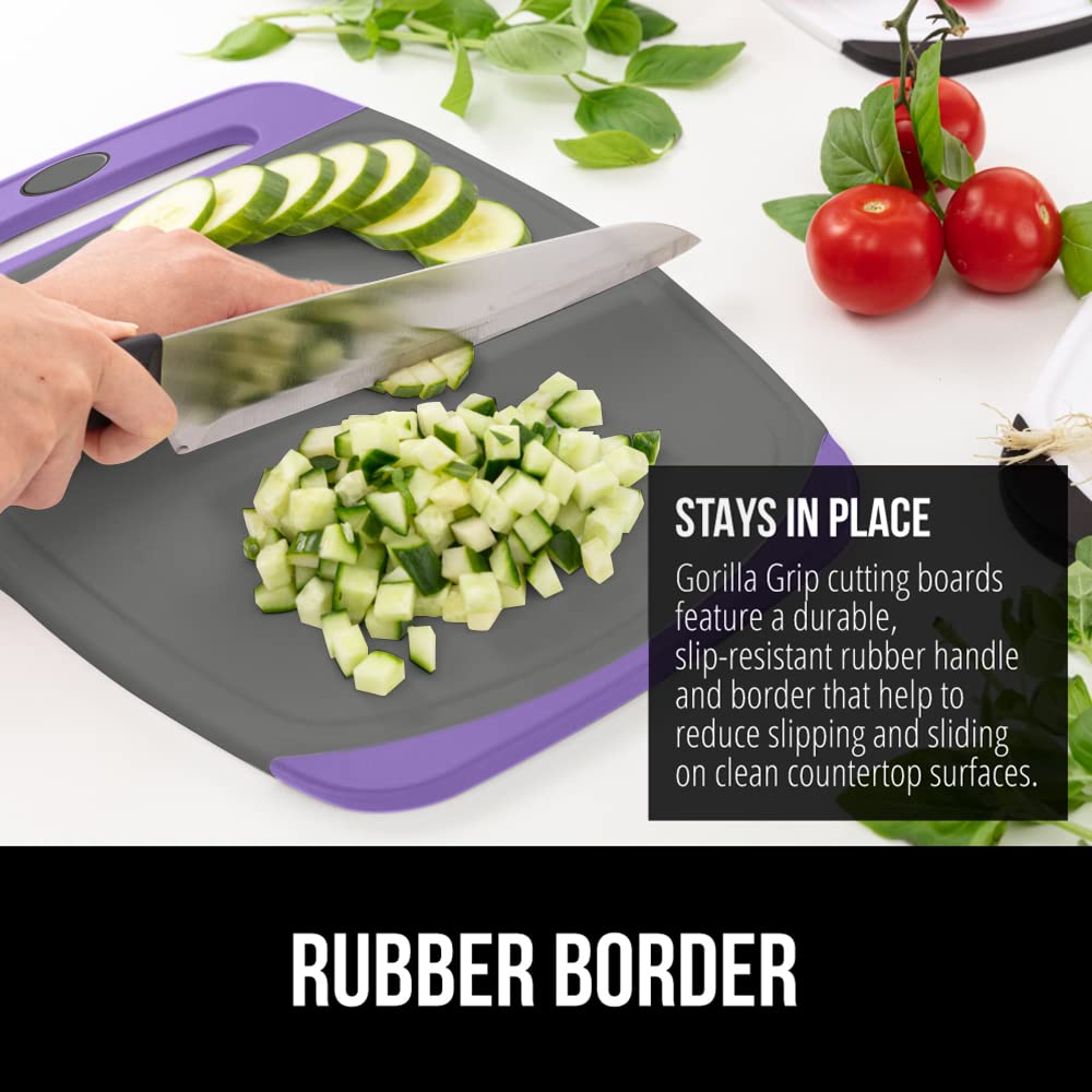 The Original Gorilla Grip Oversized 100% BPA Free Reversible Durable Kitchen Cutting Board Set of 3, Juice Grooves, Dishwasher Safe, Easy Grip Handle Border, Food Chopping Boards, Cooking, Purple Gray