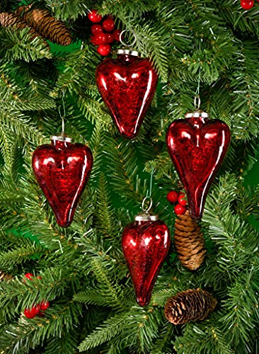 Set of 4 Antique Red Glass Heart Ornaments for Christmas & Valentine Decor