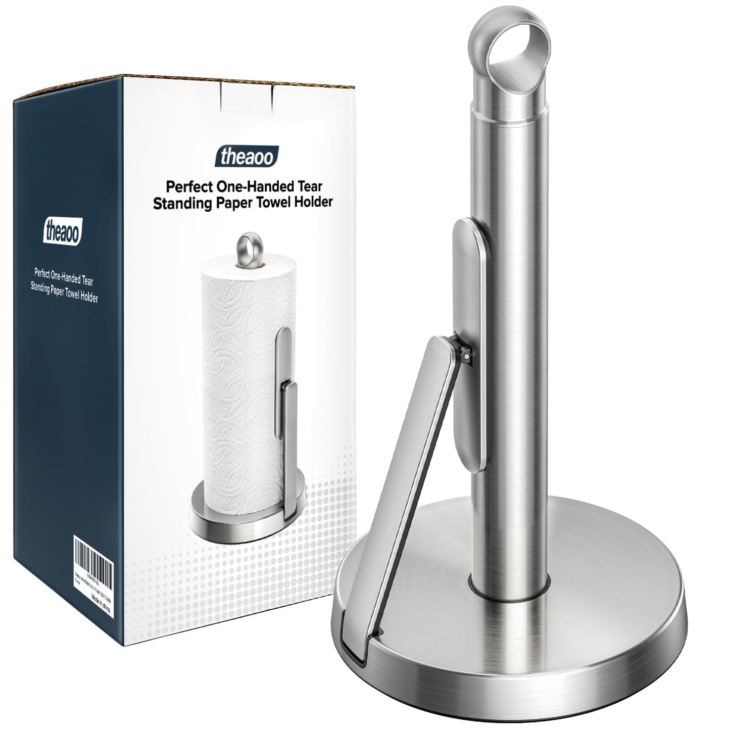 theaoo Heavy-Duty Stainless Steel Paper Towel Holder with Tension Arm – Easy One-Handed Tear, Modern Standing Countertop Dispenser for Kitchen, Holds All Paper Towel Rolls (1, Silver)