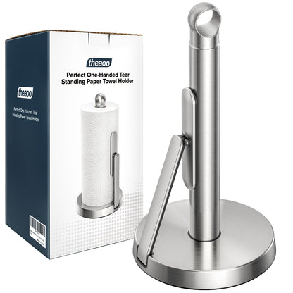 theaoo Heavy-Duty Stainless Steel Paper Towel Holder with Tension Arm – Easy One-Handed Tear, Modern Standing Countertop Dispenser for Kitchen, Holds All Paper Towel Rolls (1, Silver)