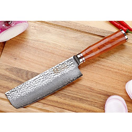 6.5 Inch Nakiri Knife - Hammered Damascus Steel Blade with Bloodwood Handle