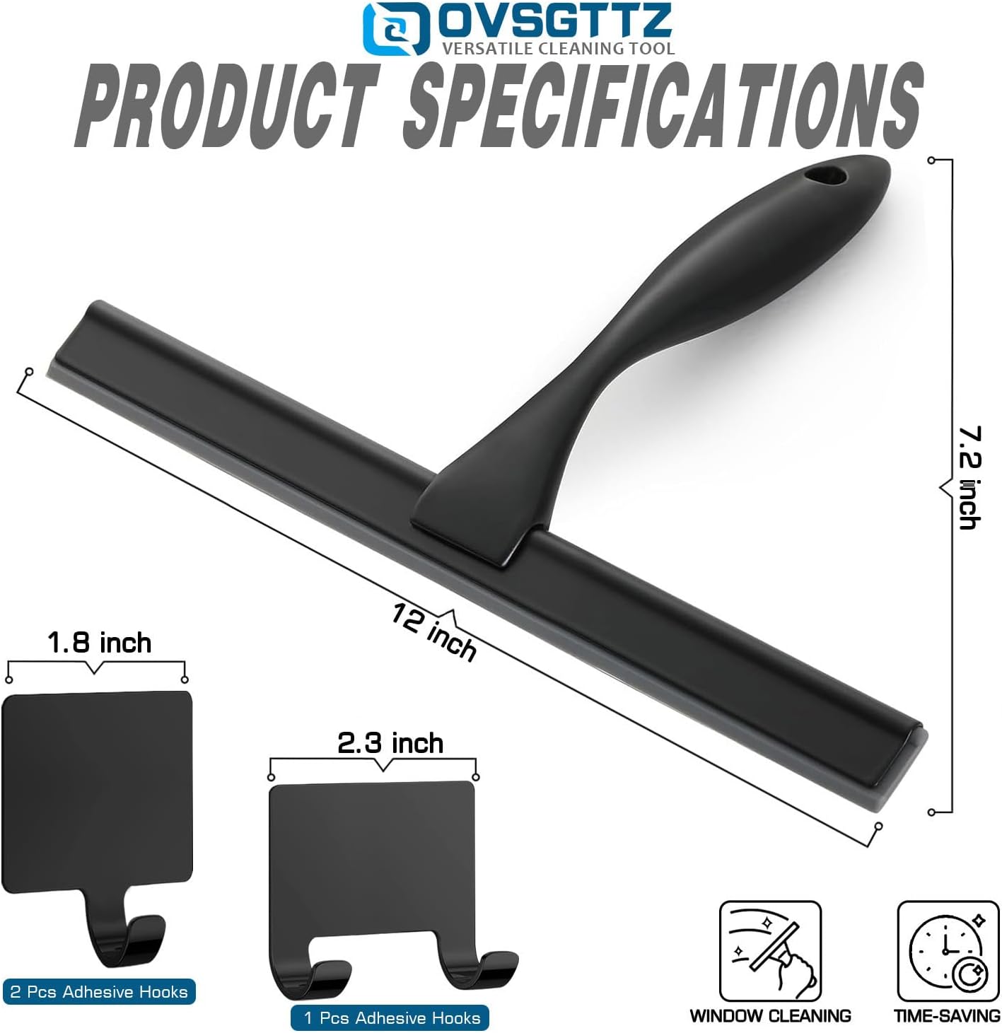 Skiennix Stainless Steel Shower Squeegee - Includes 3 Adhesive Hooks | 12-Inch Black for Glass & Tiles