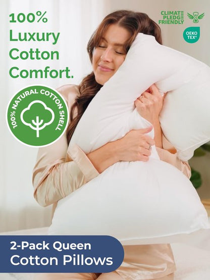 100% Cotton Bed Pillows - Queen Size Set of 2 - Breathable Cotton Cover - Soft, Comfy Down Alternative for Back & Stomach Sleepers - Low Density, Low Loft Support & Machine Washable, 20" x 36" (White)