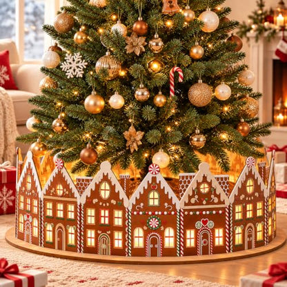 Wooden Gingerbread House Christmas Tree Collar with Lights - 30 Inch