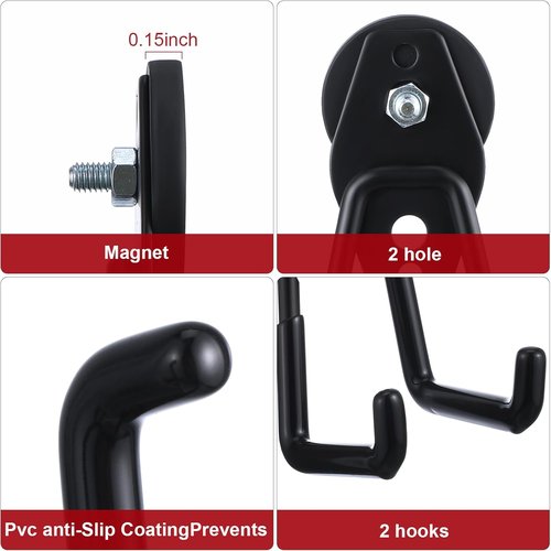Landhoow Heavy-Duty Magnetic Hooks - 6 Pcs Strong Storage Utility Hangers with Anti-Slip Rubber Coating | Black