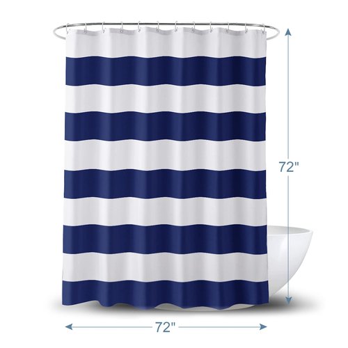 AmazerBath Navy Blue Shower Curtain Stripes, 72" W x 72" H Blue and White Shower Curtain, Fabric Shower Curtains for Bathroom with 2 Heavy Stones, Water Repellent