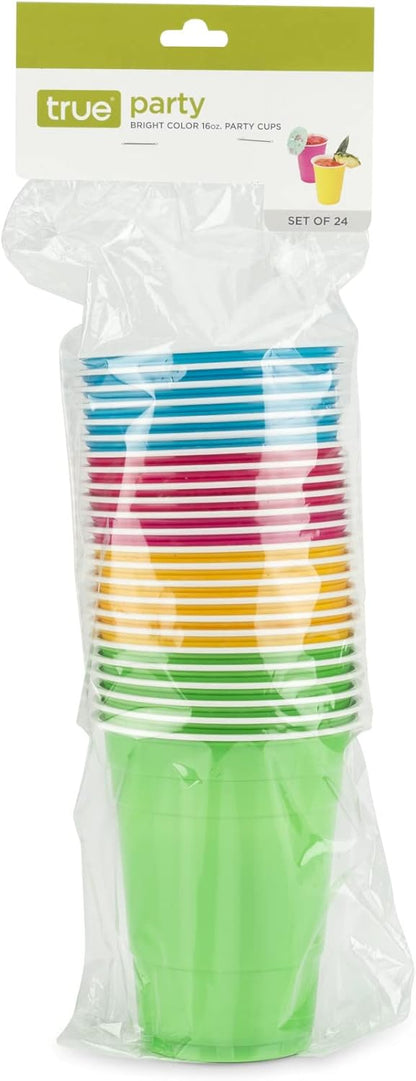 True Party Disposable Plastic Cups - 16 oz Multicolor Set of 24 for Beers, Cocktails & Beverages
