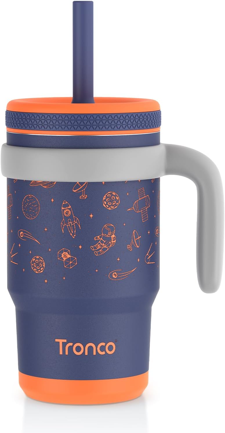 Tronco Kids Insulated Tumbler - 14 oz BPA-Free Stainless Steel Cup with Handle & Flexible Straw