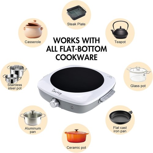 Davivy Single Burner Hot Plate - 1200W Infrared Cooker with Sturdy Handle | 7.9-Inch Ceramic Glass Cooktop, White
