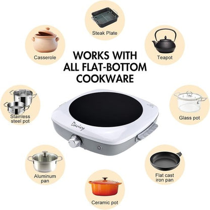 Davivy Single Burner Hot Plate - 1200W Infrared Cooker with Sturdy Handle | 7.9-Inch Ceramic Glass Cooktop, White