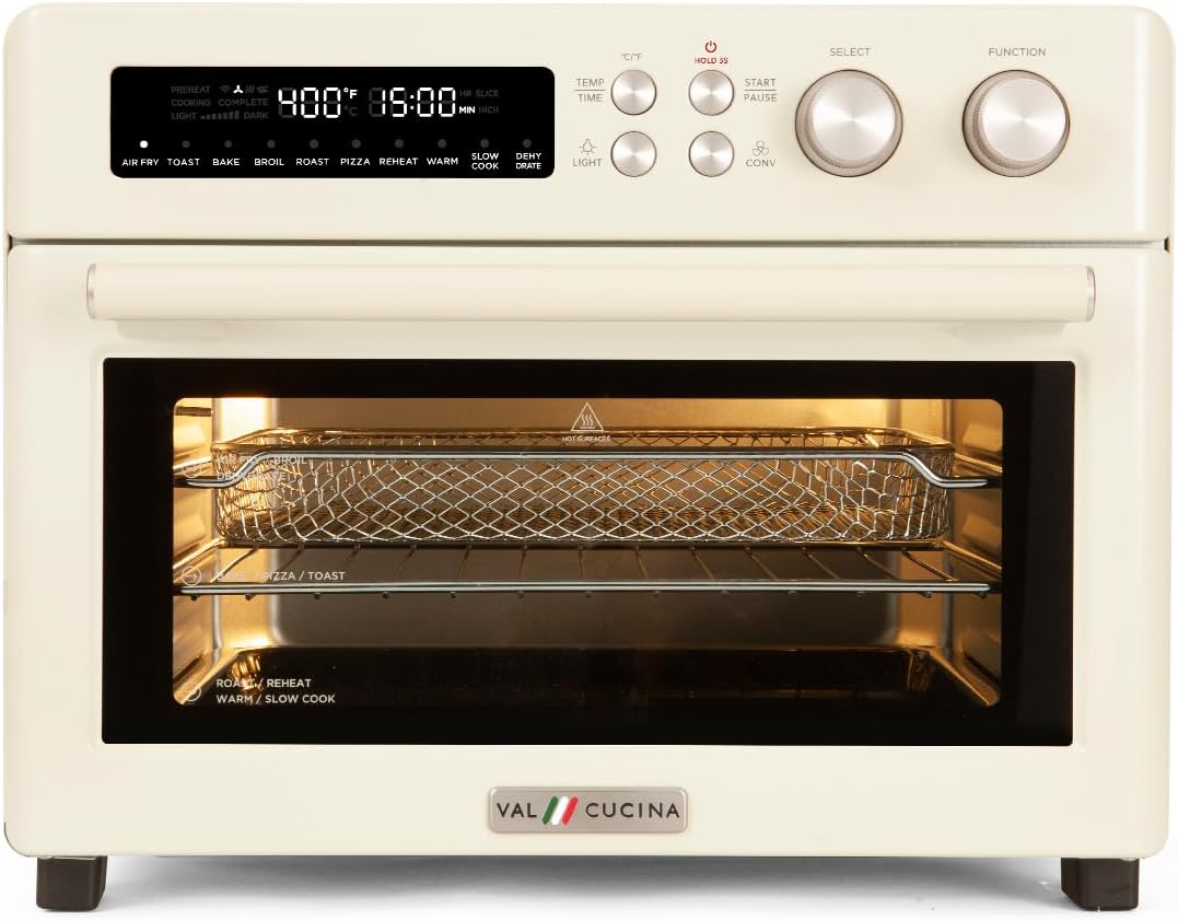 Val Cucina Retro Style Infrared Heating Air Fryer Toaster Oven - Extra Large 10-in-1 Convection Oven | Almond Yellow, Easy Clean with Recipe Book