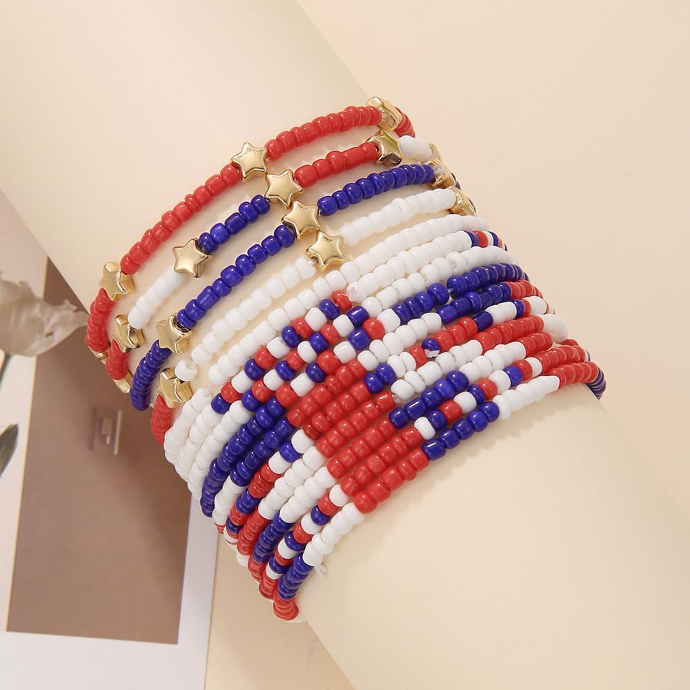 Pingyongchang Beaded Stretch Bracelets - Patriotic Red, White & Blue Multilayer Bangles for Men & Women | Perfect Independence Day Gifts