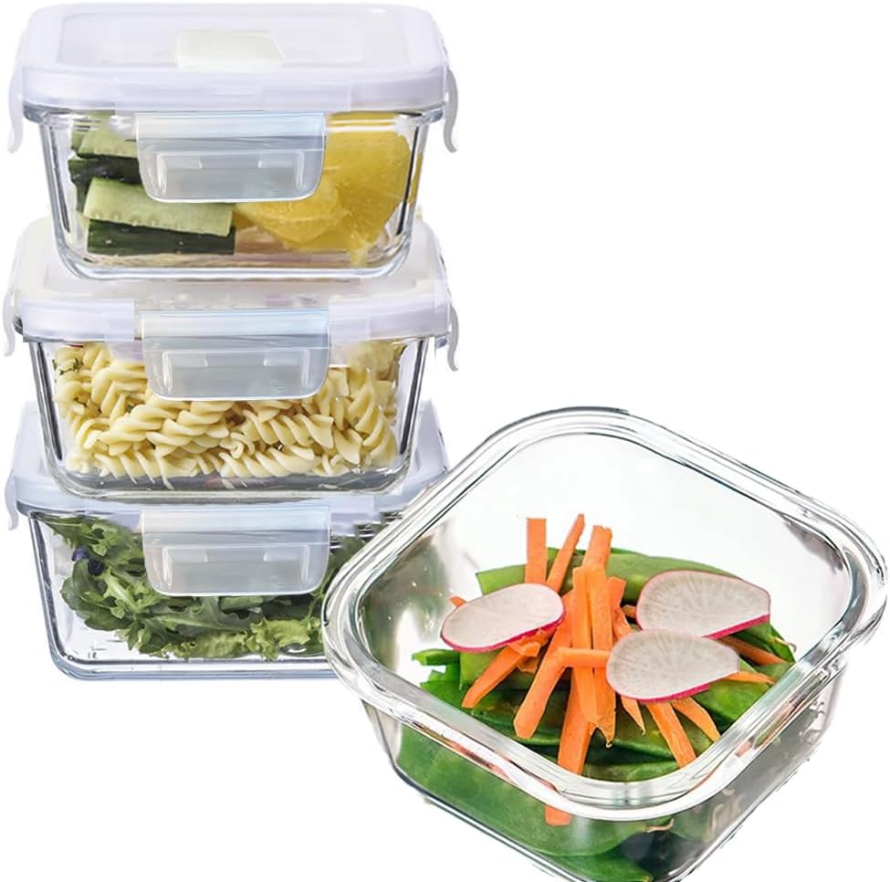 Skiennix 2-Cup Square Glass Food Storage Containers - Airtight, Leak-Proof, BPA-Free | 16oz Meal Prep Bowls