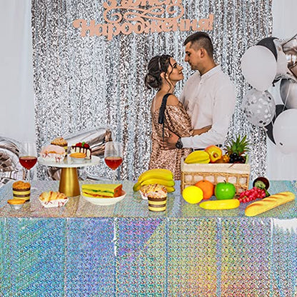 Silver Iridescent Plastic Tablecloths 4 Pack - Shiny Disposable Rectangular Covers
