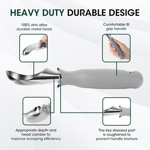 Beneno Heavy Duty Ice Cream Scoop - Upgraded Anti-Fracture Design, Comfortable Grip, Dishwasher Safe, Gray