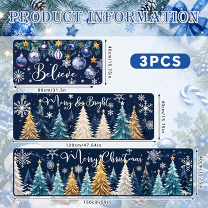 Christmas Kitchen Mats - Blue and Gold Xmas Tree Non-Slip Rugs, Set of 3 with Variation Xmas Tree