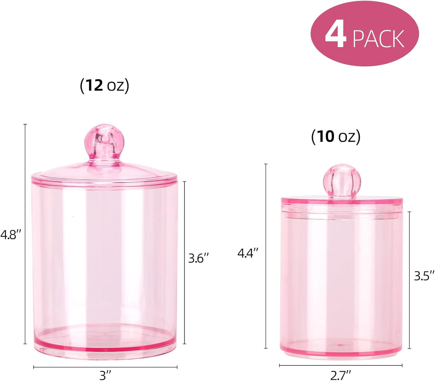 Tbestmax Qtip Holder Set - 4 Pack Pink Plastic Apothecary Jars for Bathroom Organization | 12 oz & 10 oz