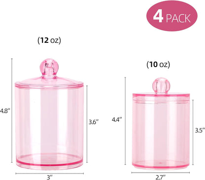 Tbestmax Qtip Holder Set - 4 Pack Pink Plastic Apothecary Jars for Bathroom Organization | 12 oz & 10 oz