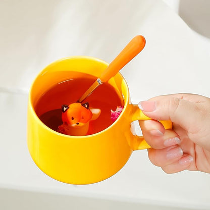 Fox Mugs with 3D Fox Inside, Ceramic Coffee Mug with Lid & Spoon - 13.5oz - Variation: Fox