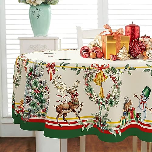 Oval Christmas Tablecloth 60 x 84in with Elk & Tree Holiday Decor - Waterproof Polyester