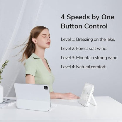 JISULIFE Rechargeable Desk Fan - 4500mAh Battery, 4 Adjustable Speeds, Portable & Foldable - White