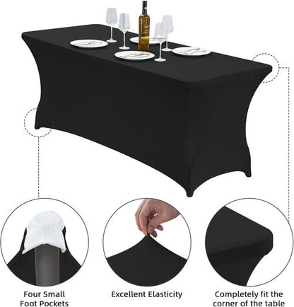 CWK 4FT Waterproof Stretch Spandex Table Cover - Elastic Fitted Tablecloth for Rectangular Tables | Wrinkle-Resistant Black Design for Events