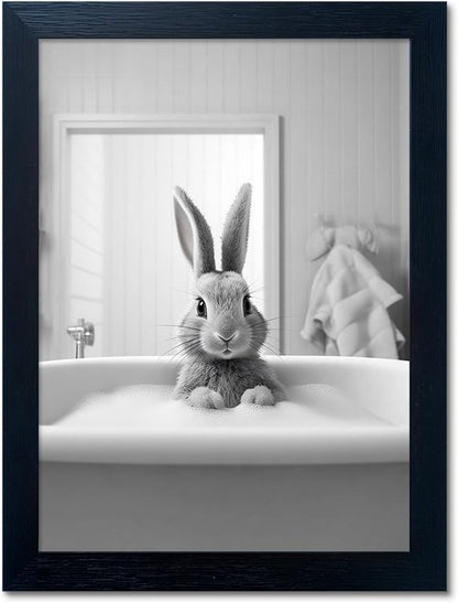 Funny Kids Bathroom Wall Decor - Black Framed Rabbit in Bathtub Canvas Art for Cute Farmhouse Style