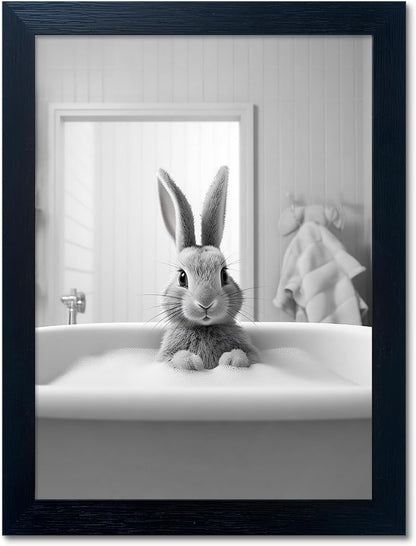 Skiennix Kids Bathroom Wall Art - Cute Black and White Rabbit Canvas Print | Fun Bathtub Decor